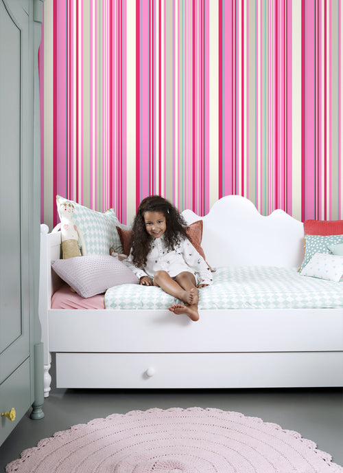 ESTAhome behang strepen roze en turquoise - 53 cm x 10.05 m - 116531