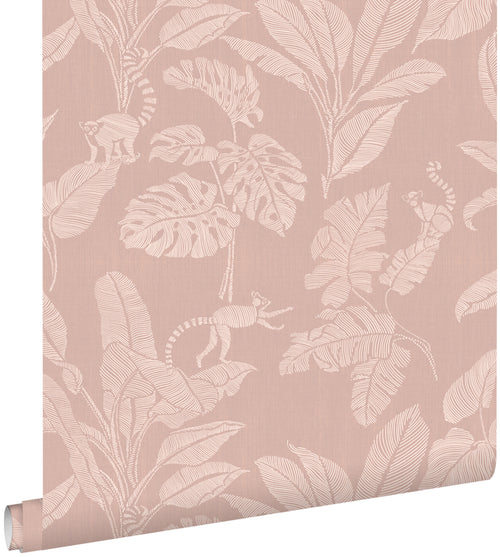 ESTAhome behang apen en jungle bladeren oudroze - 50 x 900 cm - 139860