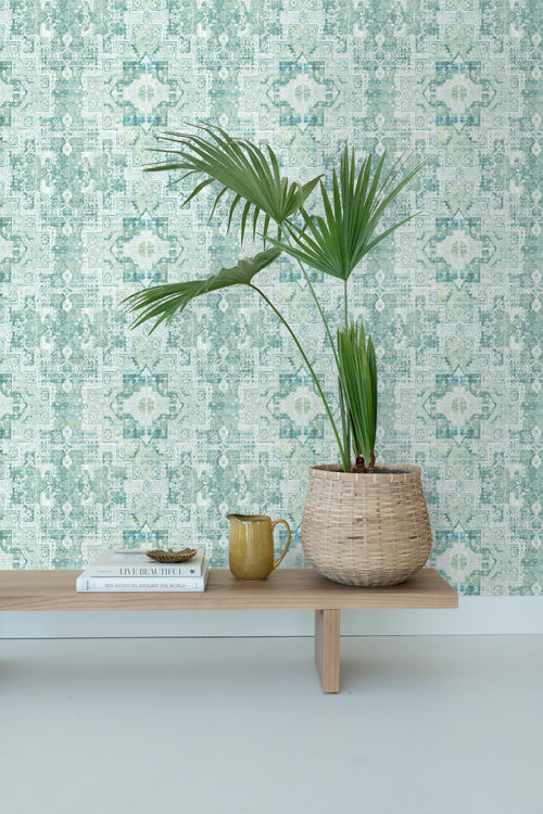 ESTAhome behang oosters kelim tapijt vergrijsd mintgroen - 53 cm x 10.05 m - 148658