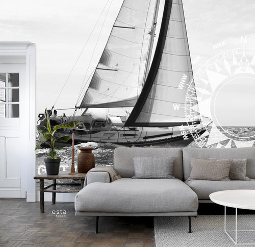 ESTAhome fotobehang zeilboot zwart en wit - 372 x 270 cm - 156433 - vtwonen shop