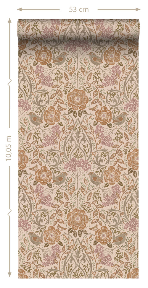 ESTAhome behang bloemen en vogels in art nouveau stijl beige, terracotta en oudroze - 0.53 x 10.05 m - 139567 - vtwonen shop