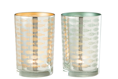 J-Line windlicht Vissen - glas - beige/blauw - large - 2 stuks - vtwonen shop