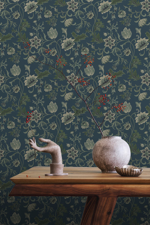 ESTAhome behang vintage bloemen donkerblauw en groen - 53 cm x 10.05 m - 139416