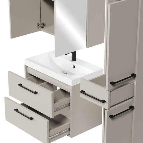 Badplaats Badkamermeubel Set Florence 60 cm – Beige – Hangend Badmeubel met Wastafel, Spiegelkast en Zijkast
