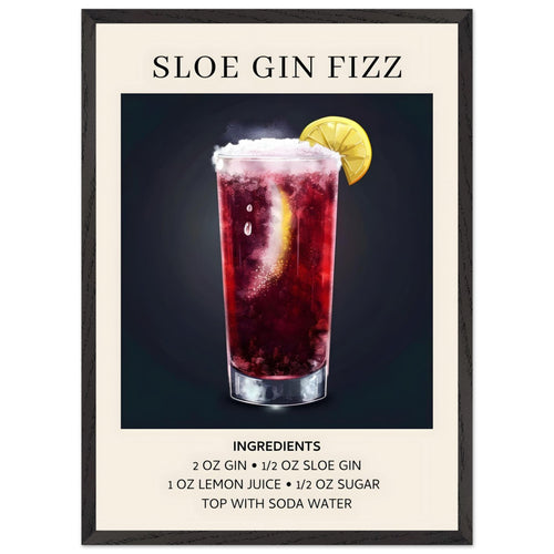Artfulprints Poster met Lijst Sloe Gin Fizz cocktail - Ingrediënten   - 50x70 cm - Zwart