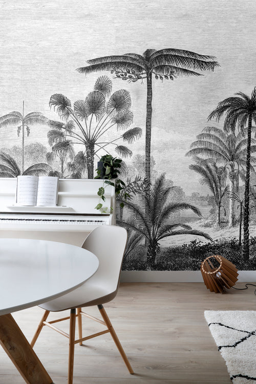 ESTAhome fotobehang tropisch landschap met palmbomen zwart wit - 350 x 279 cm - 158952 - vtwonen shop