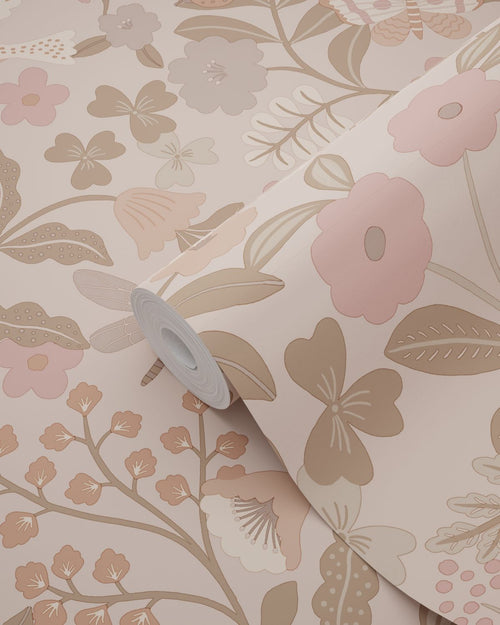 ESTAhome behang bloemen en vogels taupe en oudroze - 50 x 900 cm - 132232