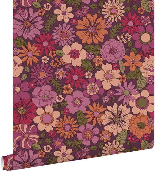 ESTAhome behang retro bloemen aubergine paars - 50 x 900 cm - 131810