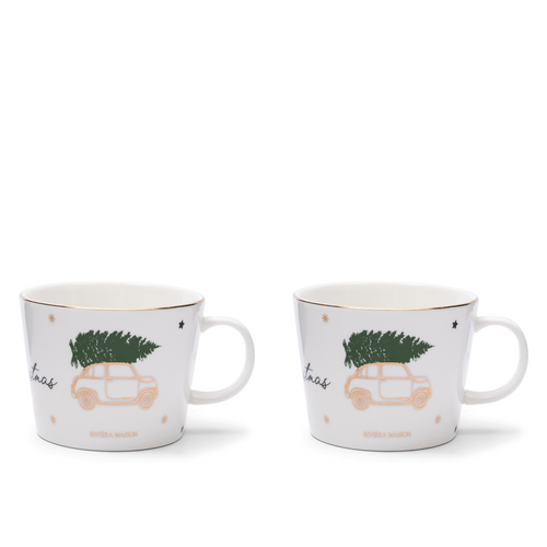 Rivièra Maison Mok, Kerstmok, Koffiemok, Theemok met oor - RM Driving Home For Christmas Mug 300 ml - wit - set van 2 stuks - Porselein - Wit - vtwonen shop