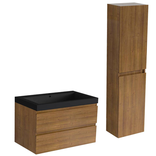 LOMAZOO badmeubelset Avalon - met hoge kast & zwarte wastafel - warm eiken - 80 cm