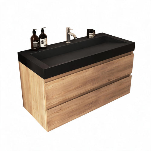 LOMAZOO badkamermeubel Zarivo - zwevend - zwarte wastafel - licht eiken - 100 cm