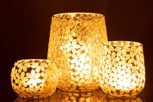 J-Line windlicht Bloemen - glas - geel/zilver - large - vtwonen shop