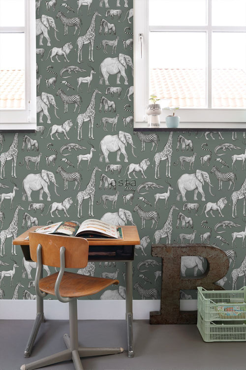 ESTAhome behang jungle dieren vergrijsd groen - 53 cm x 10.05 m - 139513