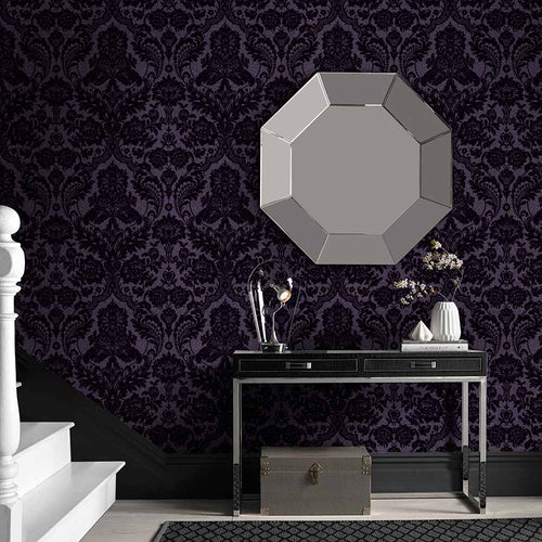 Graham & Brown Vliesbehang - Gothic Damask Flock Plum - 10mx52cm - vtwonen shop