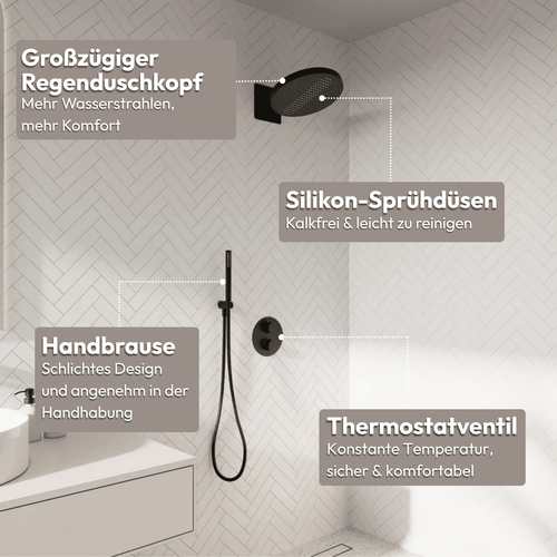 LOMAZOO inbouwdoucheset Lunar - met thermostaatkraan & staafhanddouche - mat zwart - 30 cm
