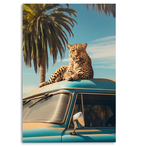 Reinders Cheetah Rooftop glasschilderij -  blauw - woonkamer - 116x78cm