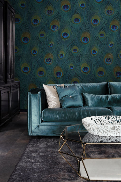 Origin Wallcoverings fotobehang pauwenveren zeegroen - 150 x 279 cm - 357245
