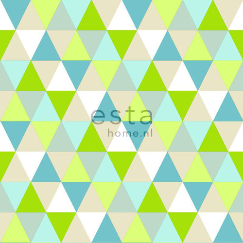 ESTAhome behang driehoekjes limegroen, turquoise en beige - 53 cm x 10.05 m - 138713