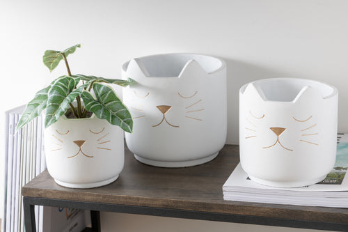 J-Line bloempot Kat voor binnen - cement - wit/goud - medium - Ø 16 cm