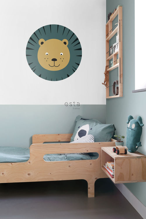 ESTAhome zelfklevende behangcirkel dierenkoppen petrolblauw en okergeel - Ø 70 cm - 158974