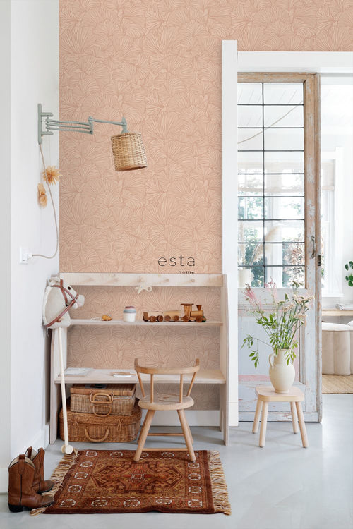 ESTAhome behang ginkgo bladeren licht terracotta - 53 cm x 10.05 m - 139490