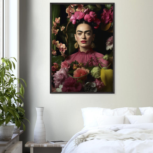 Artfulprints Poster met Lijst Frida Kahlo - Floral portrait   - 50x70 cm - Roze
