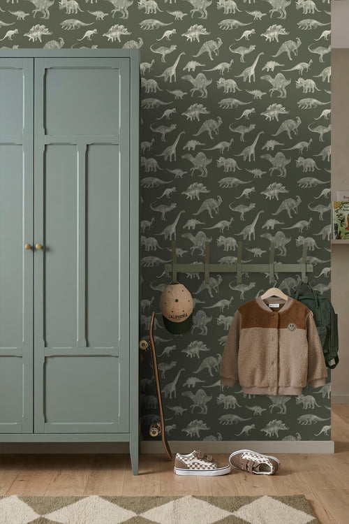 ESTAhome behang dinosaurussen olijfgroen - 50 x 900 cm - 131867