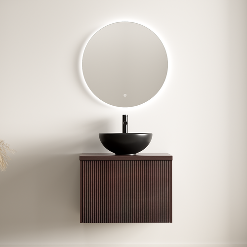 LOMAZOO badkamermeubel Messina - geribbeld - zwevend - opbouw - zwarte waskom - walnoot - 60 cm