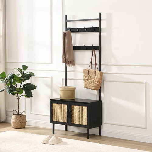 Furnilux Kapstok Ambon – Met Opbergkast & Haken – Zwart met Rattan – 70x32x175 cm – Industriële Halmeubel