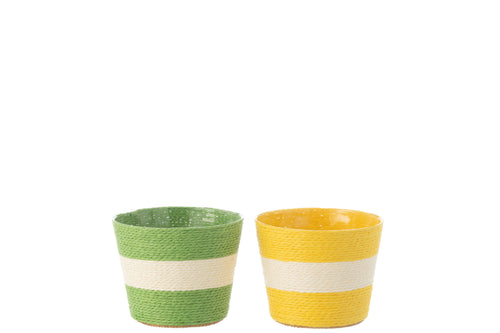 J-Line bloempot Touwtjes Streep - papier - geel/groen - small - 2 stuks - Ø 13.5 cm - vtwonen shop