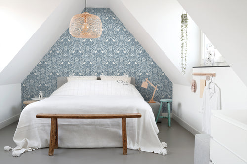ESTAhome behang bloemen en vogels in art nouveau stijl vergrijsd blauw - 53 cm x 10.05 m - 139477