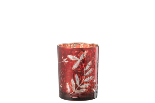 J-Line windlicht Blaadjes - glas - rood/goud - medium
