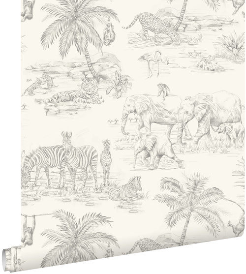 ESTAhome behang jungle dieren grijs en wit - 50 x 900 cm - 132117