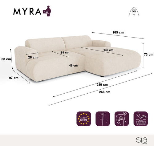 Sia Home - Rechthoekige hoekbank MYRA - fluweel met patronen beige 266cm