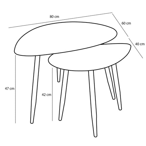 Mica Decorations Bijzettafel Set van 2 - Salontafel Zwart met Druppelvormig Blad - Ronde Tafel voor Binnen - Slim Stapelbaar Nachtkastje - L80 x B60 x