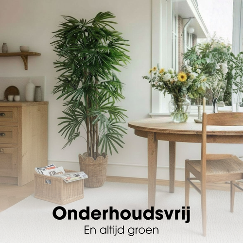 Mica Decorations Rhapispalm – Kunstplant in Pot – Realistische Nepplant Woondecoratie – Kunstplanten voor Binnen en Buiten – H150 x Ø60 cm – Groen
