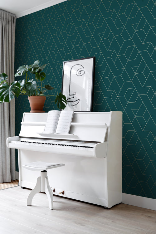 ESTAhome behang grafische lijnen petrolblauw en goud - 50 x 900 cm - 139947 - vtwonen shop