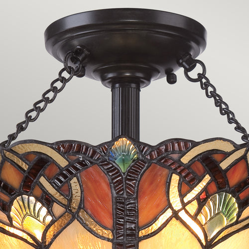 Elstead Cambridge - 2-lichts semi-inbouw plafondlamp vintage brons, Tiffany glas, E27