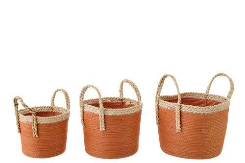 J-Line mand met handvatten - papier - naturel/donkeroranje - set van 3