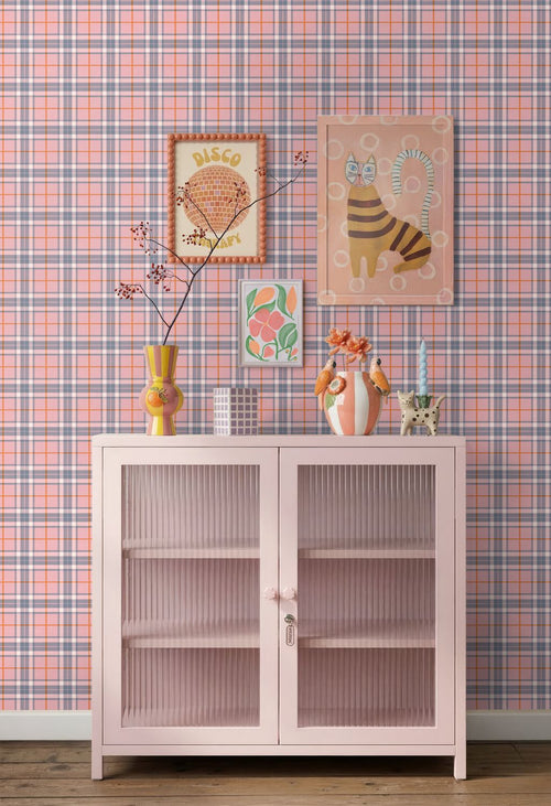 ESTAhome behang ruiten blauw en roze - 50 x 900 cm - 132026