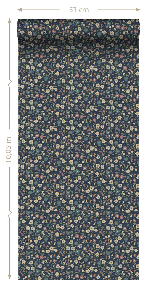 ESTAhome behang bloemetjes donkerblauw, lila roze en vergrijsd groen - 53 cm x 10.05 m - 139471