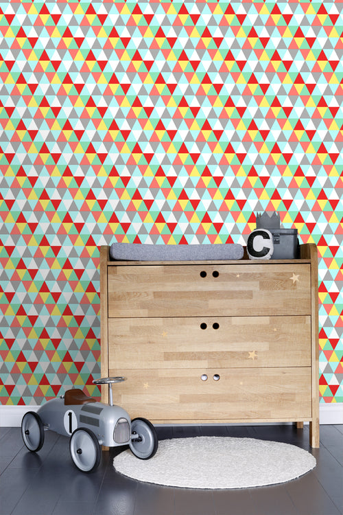 ESTAhome behang driehoekjes rood, geel en blauw - 53 cm x 10.05 m - 138715