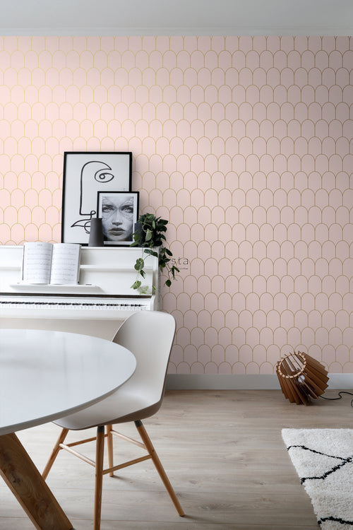 ESTAhome behang art deco motief zacht roze en goud - 53 cm x 10.05 m - 139201