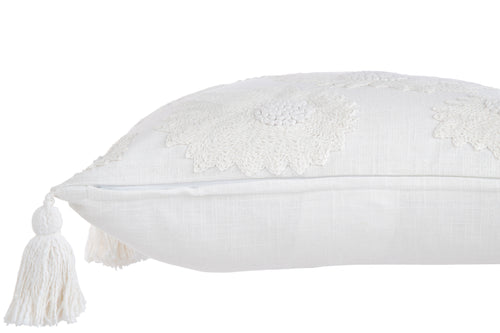 J-Line kussen Bloemen + Kwastjes - katoen - wit