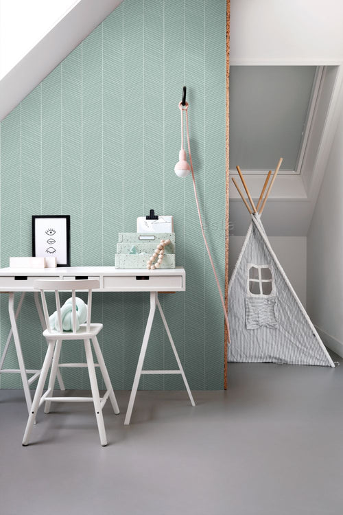 ESTAhome behang visgraat-motief vergrijsd mintgroen - 53 cm x 10.05 m - 139108