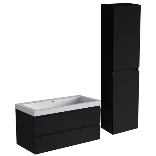 LOMAZOO badmeubelset Avalon - met hoge kast & witte wastafel - mat zwart - 100 cm