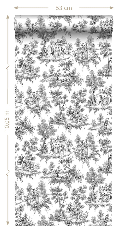 ESTAhome behang toile de jouy print zwart - 53 cm x 10.05 m - 136820 - vtwonen shop