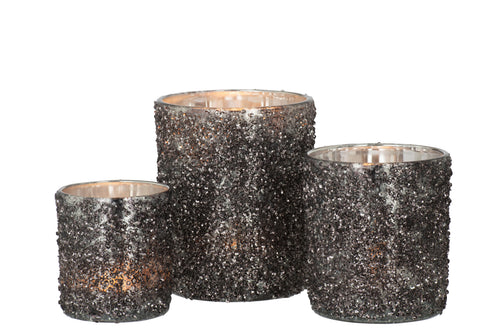 J-Line theelichthouder Glitter - glas - antraciet grijs - large