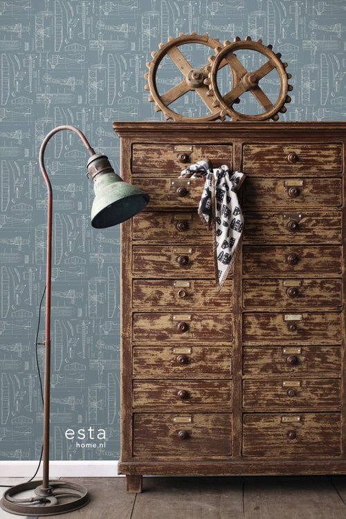 ESTAhome behang constructietekeningen van vliegtuigen blauw 53 cm x 10.05 m 128809