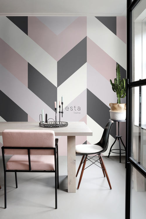 ESTAhome fotobehang visgraat-motief zwart, wit en oudroze - 150 x 279 cm - 158902